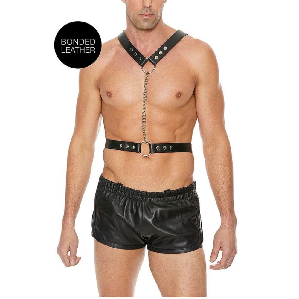 🦋B2G1🦋OUCH! SHOTS AMERICA Twisted Bit Black Leather Bonded Chain Harness